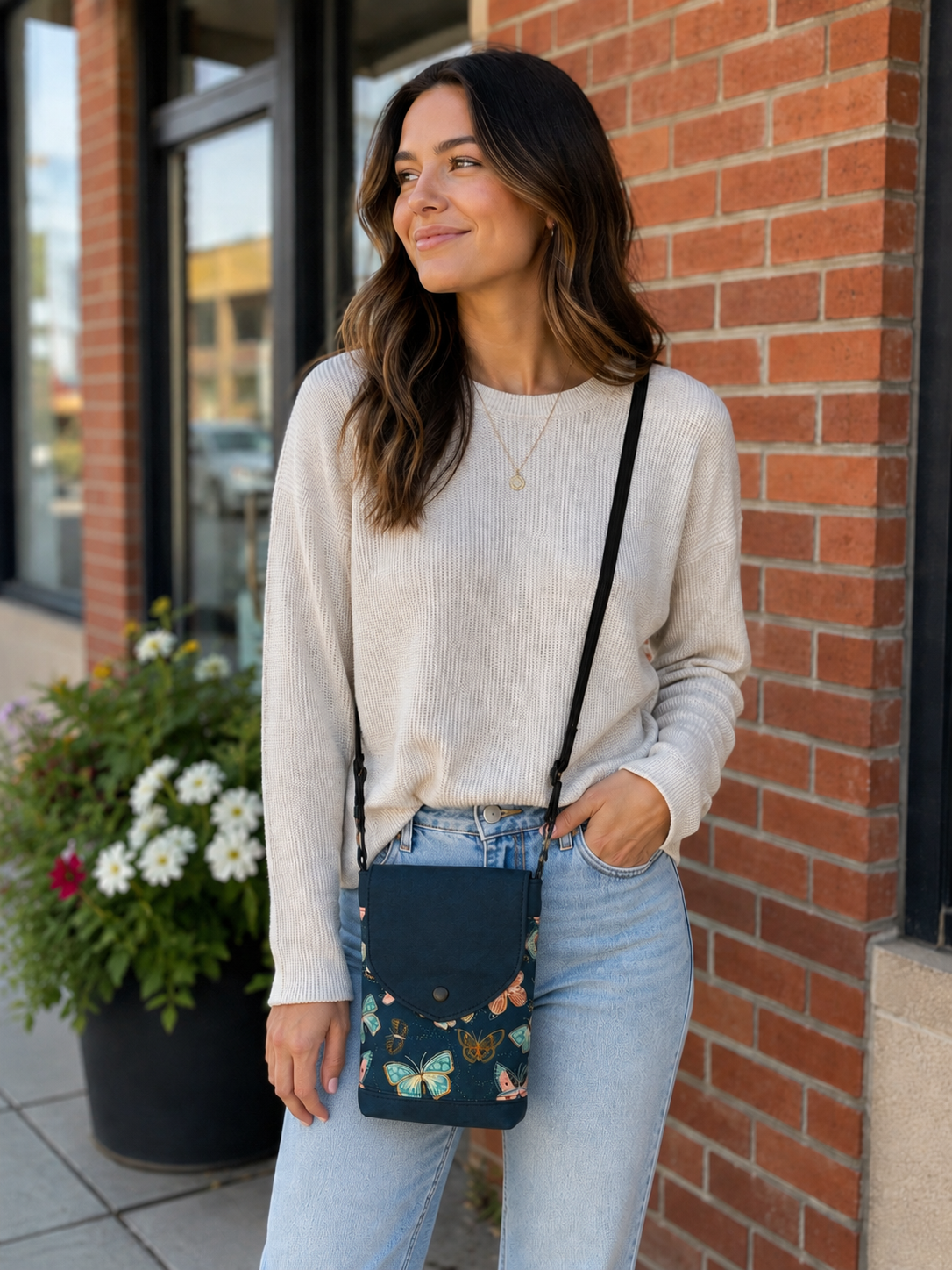 No-Zip Crossbody Bag - Blue Butterflies