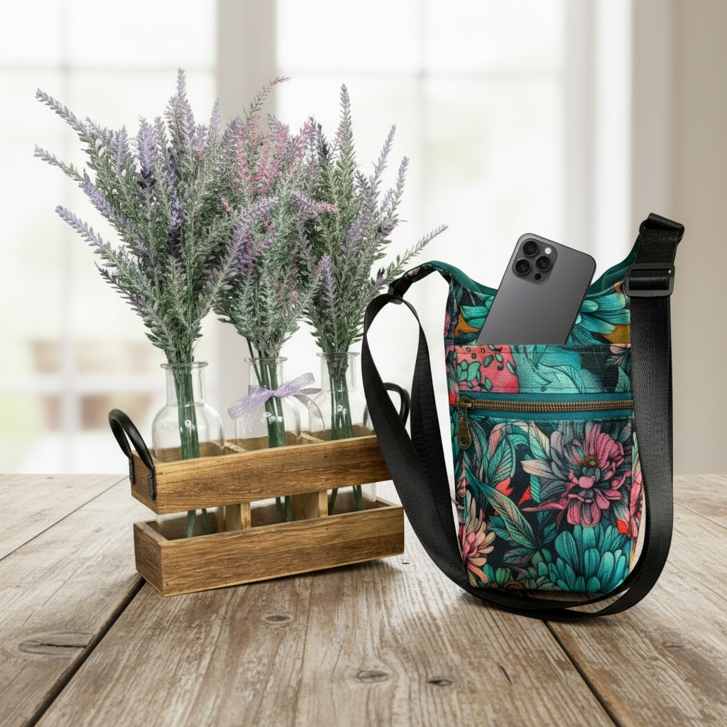 Sunlit Dahlias bag on wooden table