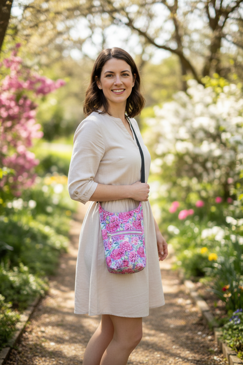 Woman wearing mini peony bag